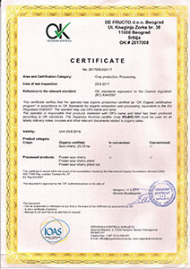 De Fructo Organic Certificate